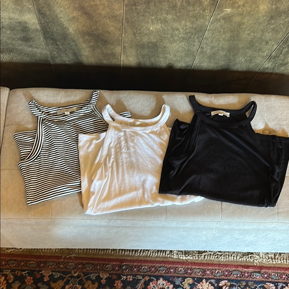 Women’s Set of Three Halter Style Tank Tops - Black, White, Striped, size Large